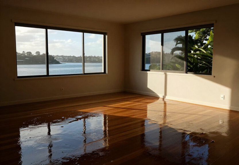 Water-damaged carpet and walls in a Rhodes apartment